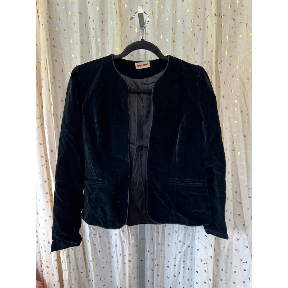 Vintage 70s Cos Cob Black Velvet Satin Lined Open Front Collarless Blazer Jacket
